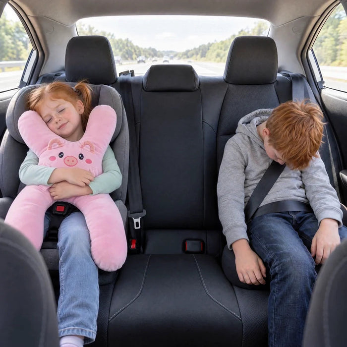 Two kids in the same back seat: the girl with her Ollie SnuggoWay naps with her head up, her brother without one slumps forward