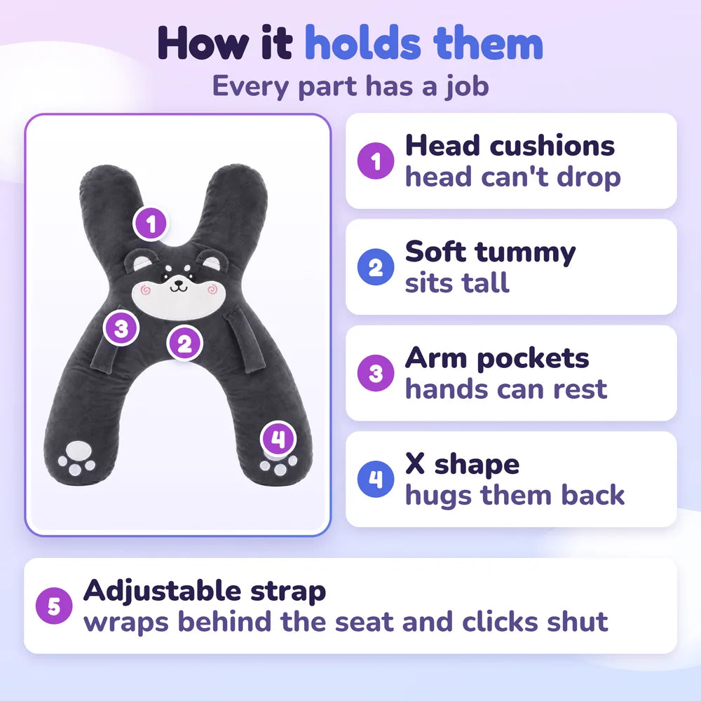 How it holds them: head cushions, soft tummy, arm pockets, the X shape and the adjustable strap