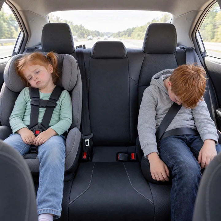 Two kids asleep in the back seat with their heads dropped forward