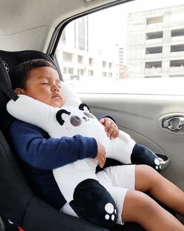 A toddler boy asleep in a car seat hugging Bao the Panda