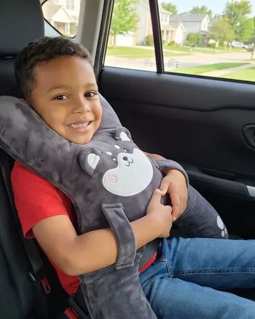 A boy on the back seat hugging Niko the Husky, seat belt on