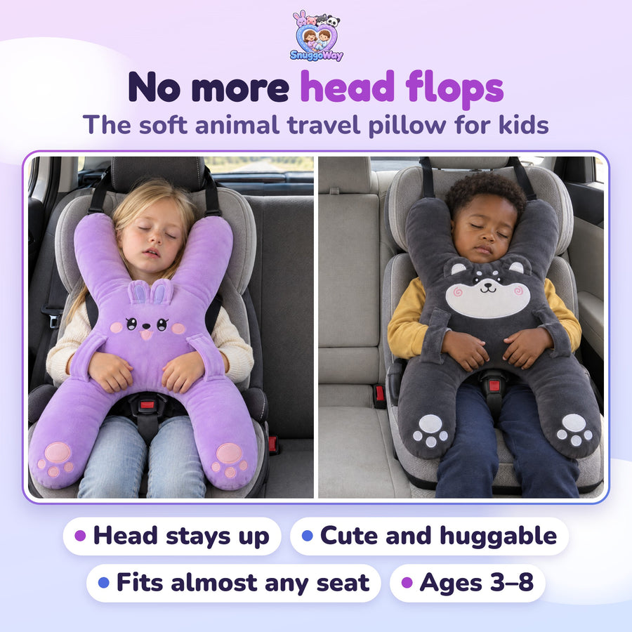 The SnuggoWay Kids Travel Pillow: a girl with Nina the Bunny and a boy with Niko the Husky asleep in their car seats