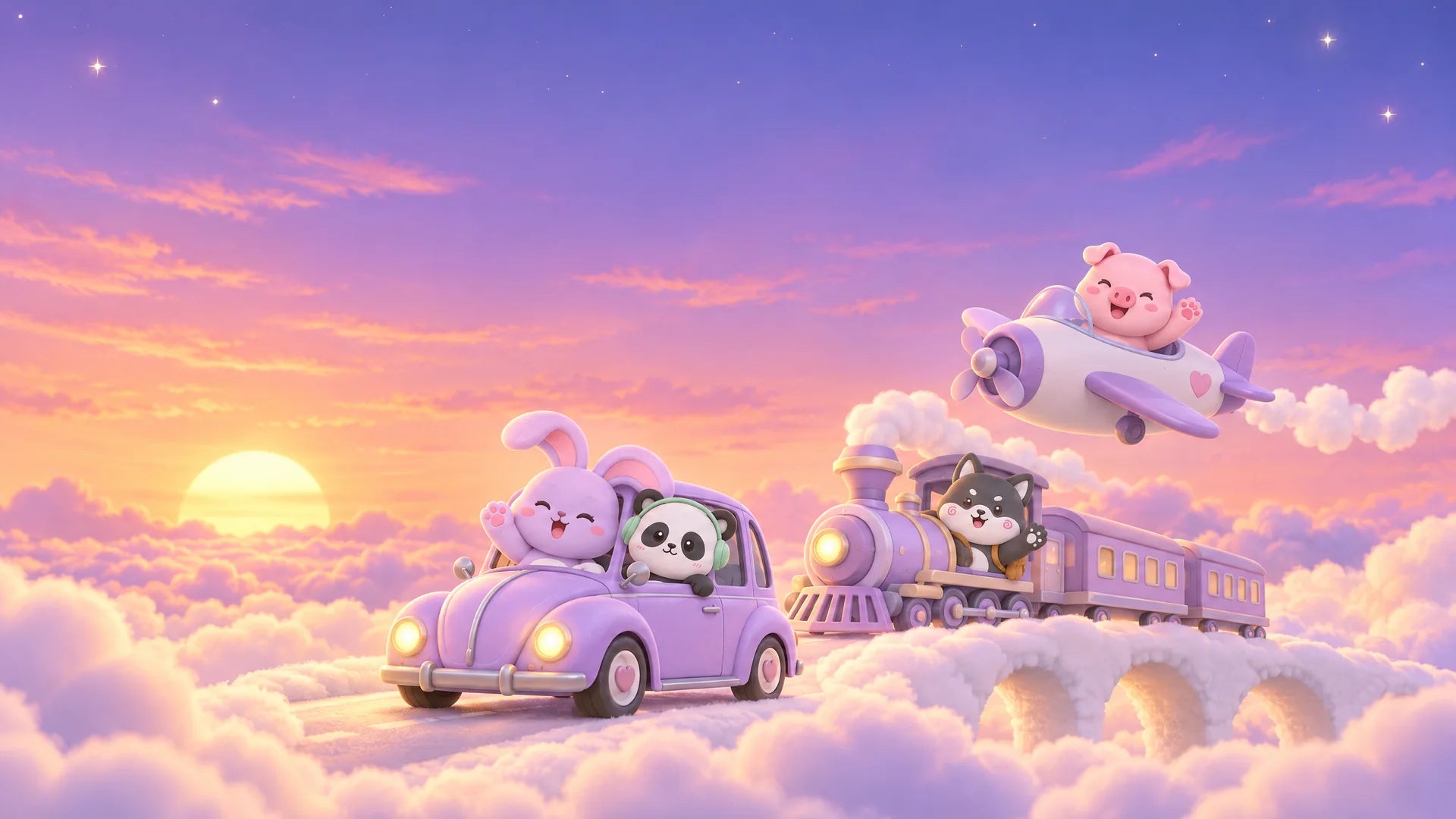 Nina, Niko, Ollie and Bao, the SnuggoWay characters, traveling by car, train and plane above the clouds at sunset