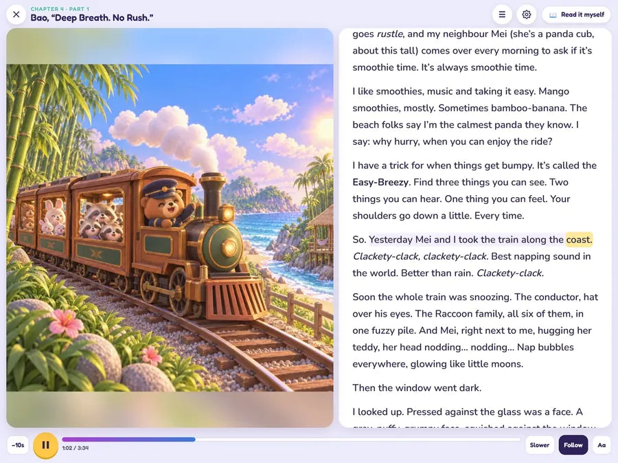 The e-Pack story screen: the characters read out loud while the words light up