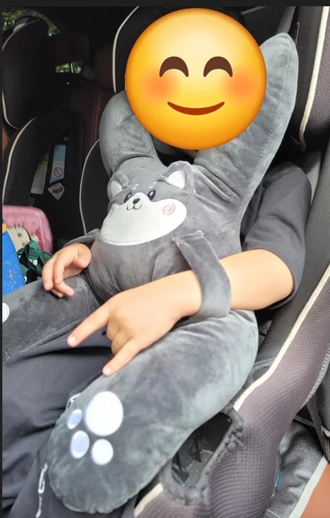 A boy asleep in his car seat hugging Niko the Husky, a customer photo