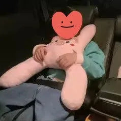 A boy in the car hugging Ollie the Piggy, a customer photo