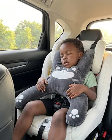 A toddler boy asleep in a car seat hugging Niko the Husky